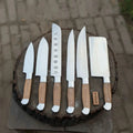 7-Piece Stainless Steel Kitchen Knife Set — Olive Wood Handles, Steel Bolsters and Leather Kit