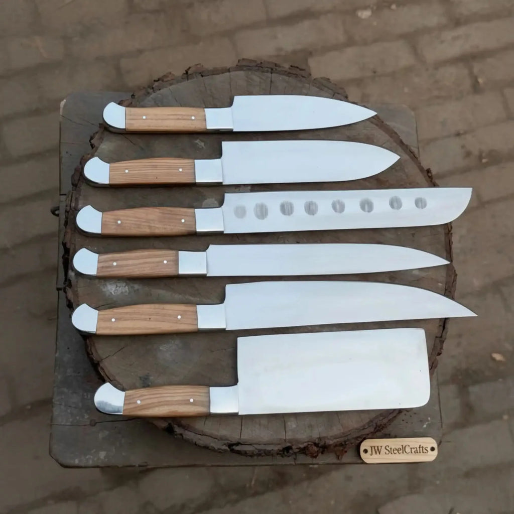 7-Piece Stainless Steel Kitchen Knife Set — Olive Wood Handles, Steel Bolsters and Leather Kit