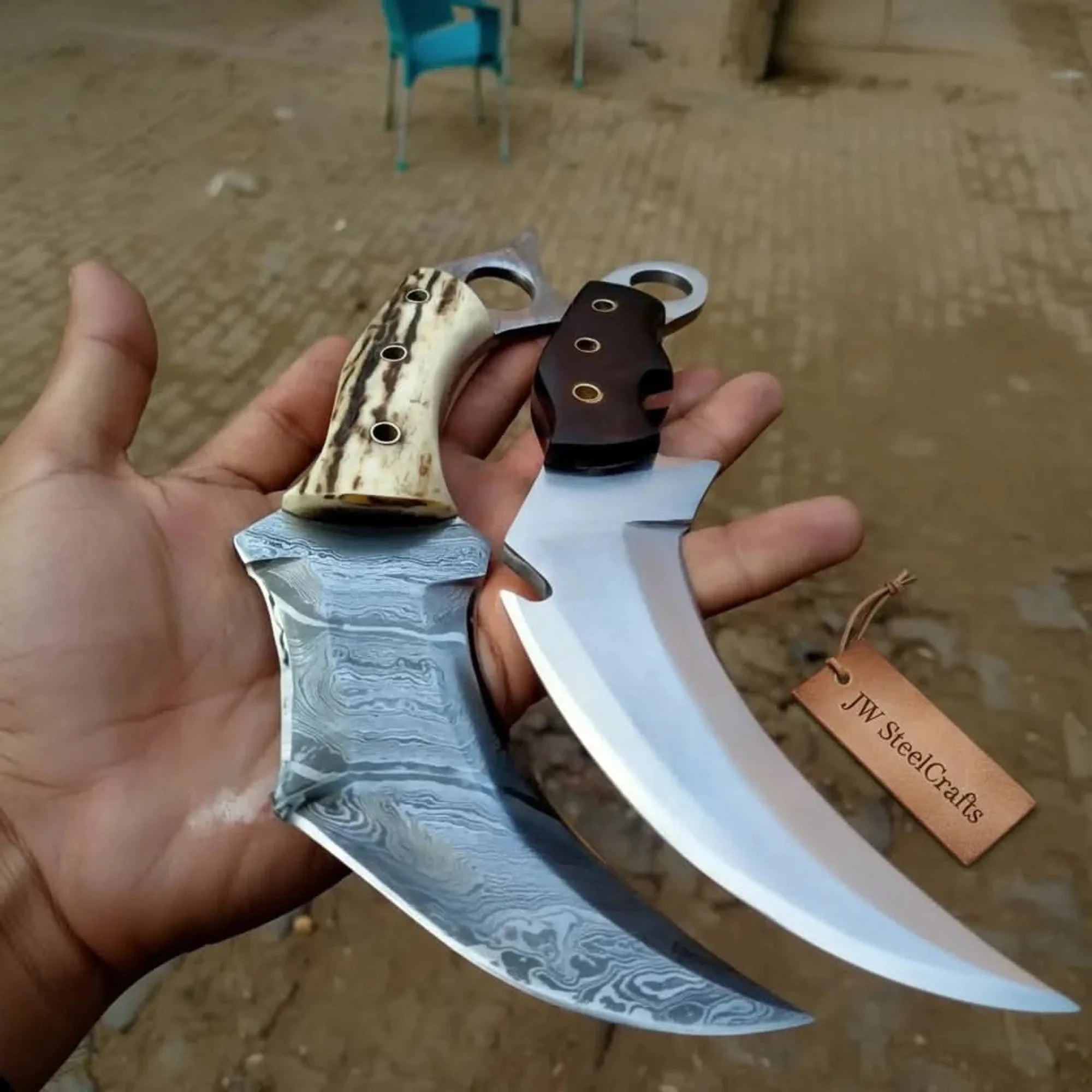Damascus Steel Karambit Pair, Stag Horn & Wood Handle, 9-inch Blade
