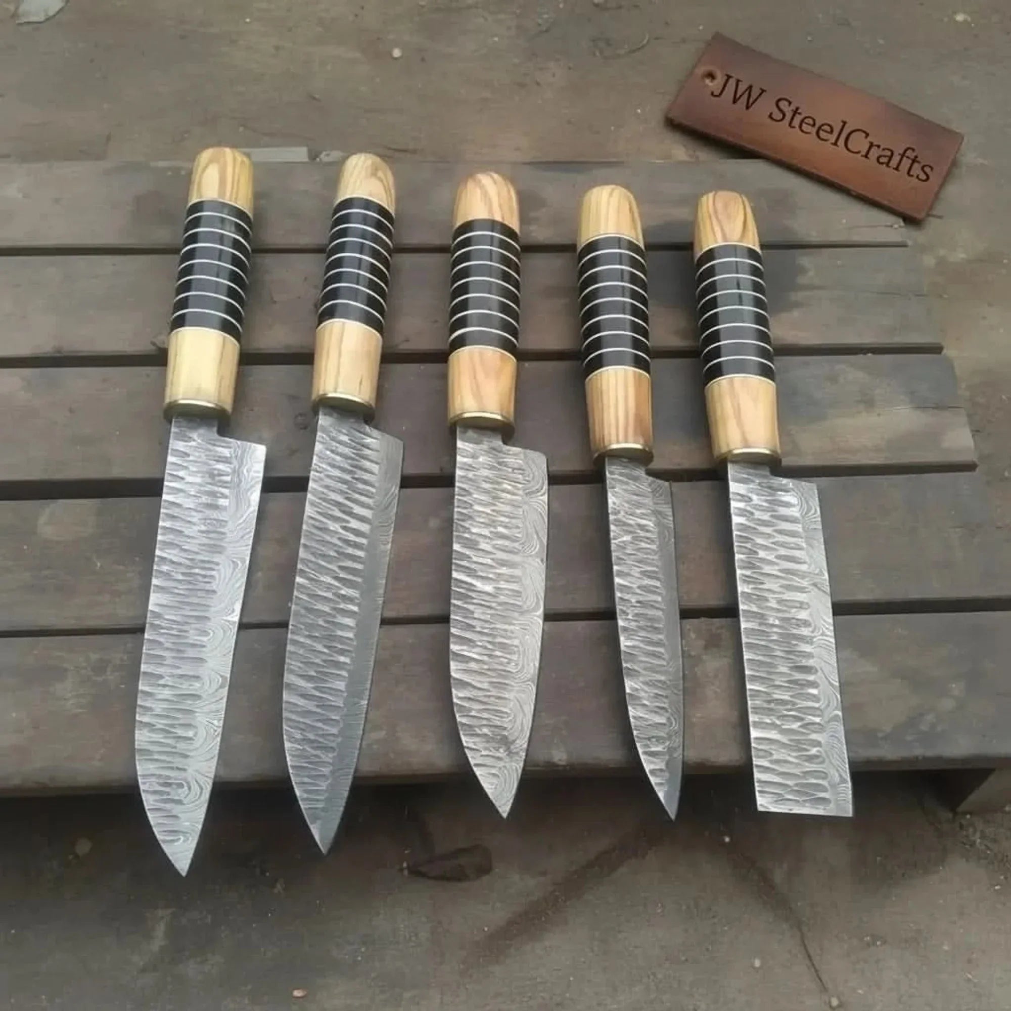Hand Forged 5-Piece Damascus Chef Knife Set — Olive Wood & Black Resin Handles