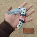 Handmade Damascus Folding Knife with Engraved Bolster, Black Resin and Colored Bone Handle – Custom EDC Pocket Knife by JW SteelCrafts