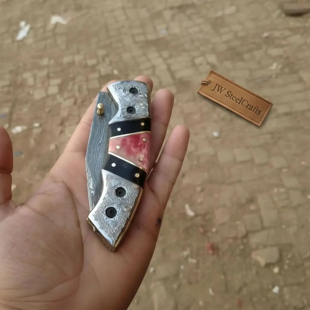 Handmade Damascus Folding Knife with Engraved Bolster, Black Resin and Colored Bone Handle – Custom EDC Pocket Knife by JW SteelCrafts