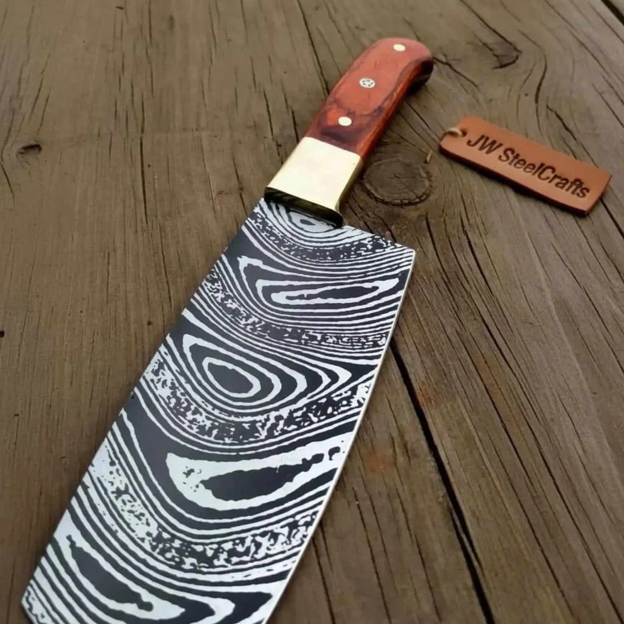 8” Carbon Steel Gyuto Chef Knife – Twisted Acid-Etched Blade with Red Pakka Wood Handle
