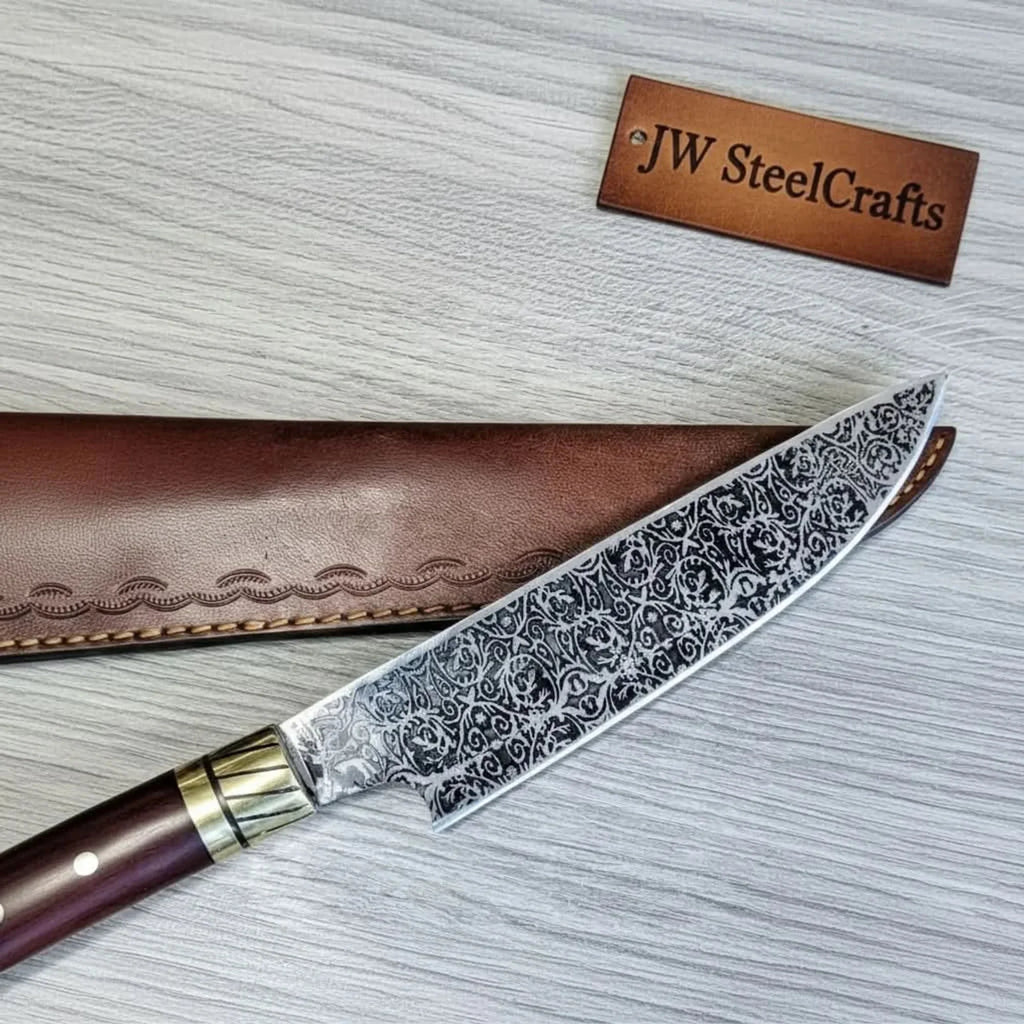 8” Acid-Etched Gyuto Chef Knife with Rosewood Handle & Brass Bolster (Full Tang)
