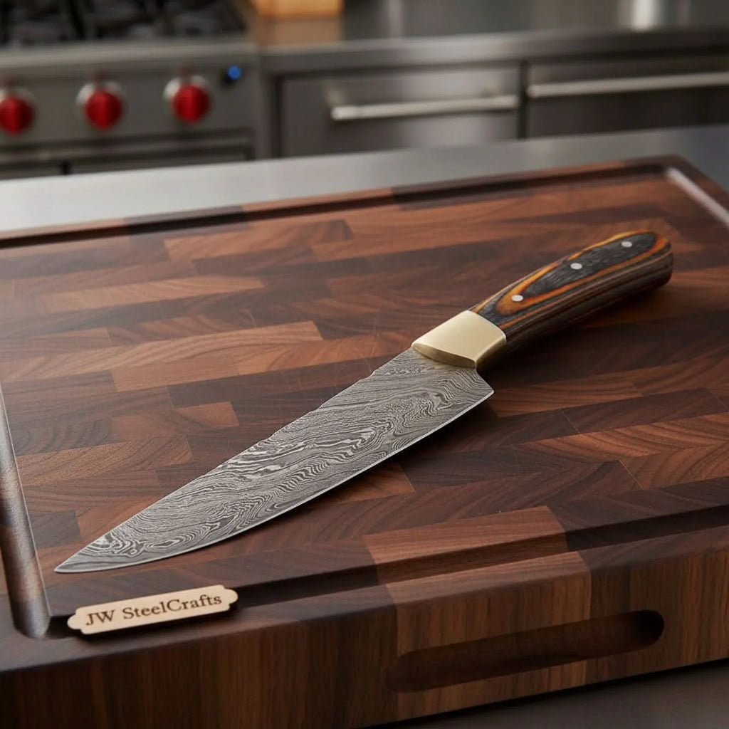 CUSTOM HAND FORGED DAMASCUS STEEL CHEF KNIFE WOOD AND BRASS HAndle