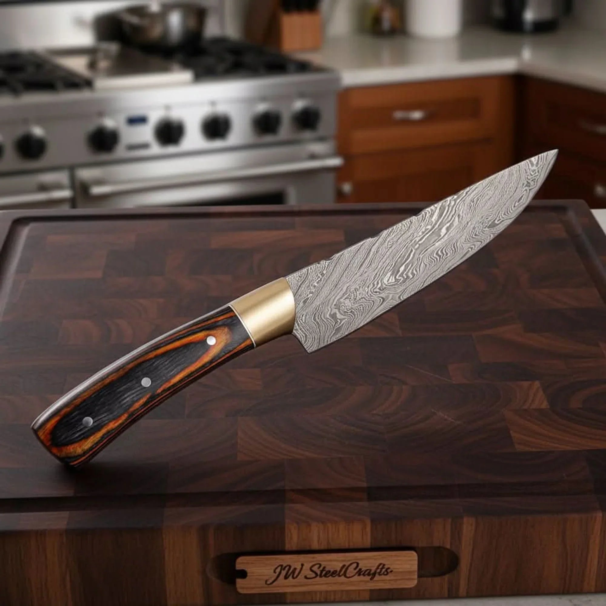 CUSTOM HAND FORGED DAMASCUS STEEL CHEF KNIFE WOOD AND BRASS HAndle