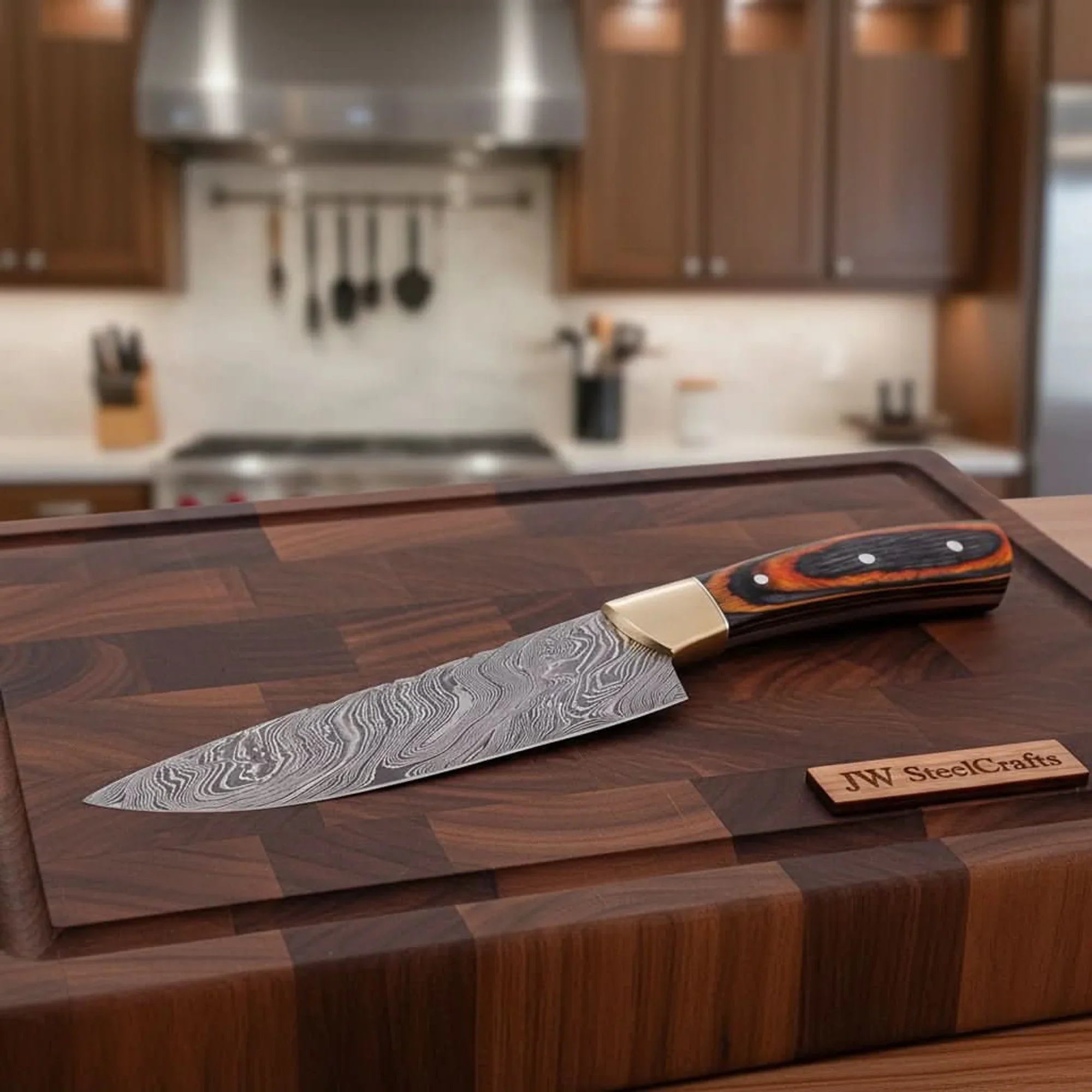 CUSTOM HAND FORGED DAMASCUS STEEL CHEF KNIFE WOOD AND BRASS HAndle