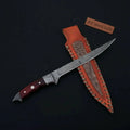 Handmade 13 Inch Overall Damascus Steel Fillet Knife –  Full Tang Fishing Knife with Hardwood Handle and Leather Sheath.