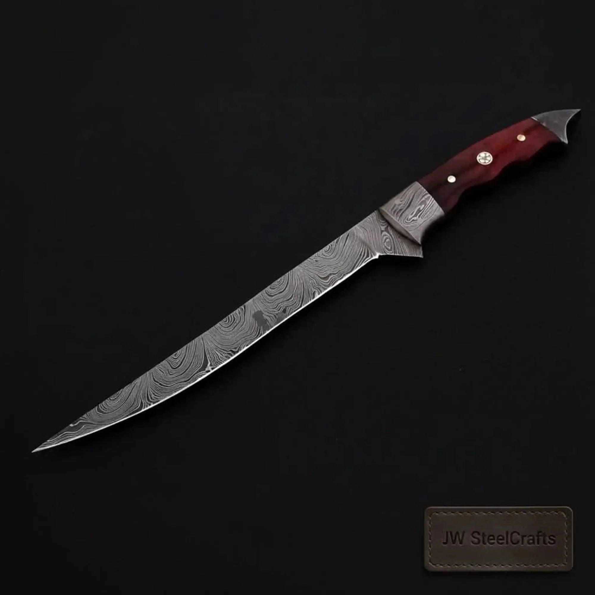 Handmade 13 Inch Overall Damascus Steel Fillet Knife –  Full Tang Fishing Knife with Hardwood Handle and Leather Sheath.