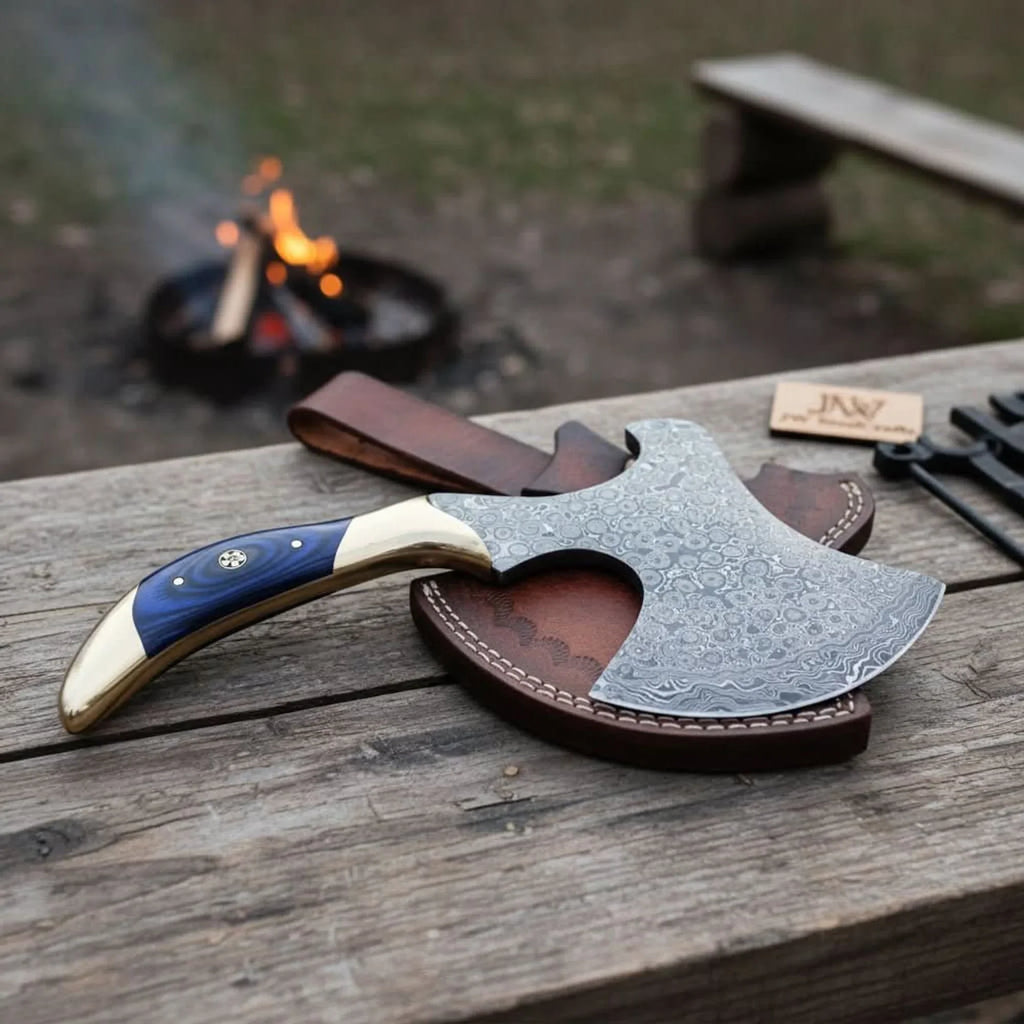 Damascus Steel Bushcraft Axe with Hardwood Handle & Leather Sheath