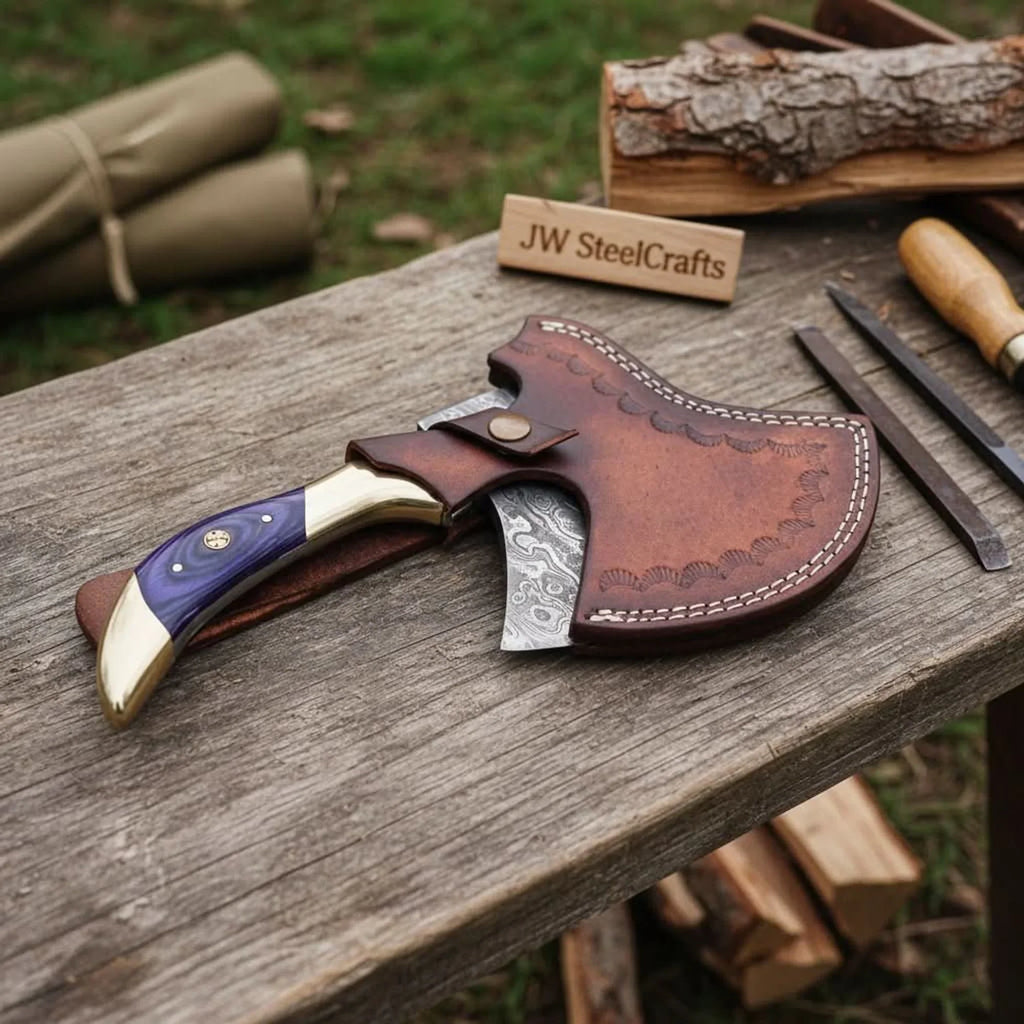 Damascus Steel Bushcraft Axe with Hardwood Handle & Leather Sheath