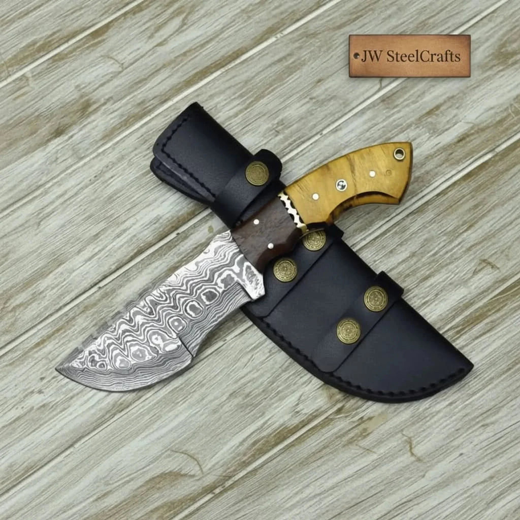 tracker knife Custom, 10", DAMASCUS KNIFE, Damascus steel knife, hunting, exotic Yellow Heart & Walnut wood handle, leather sheath