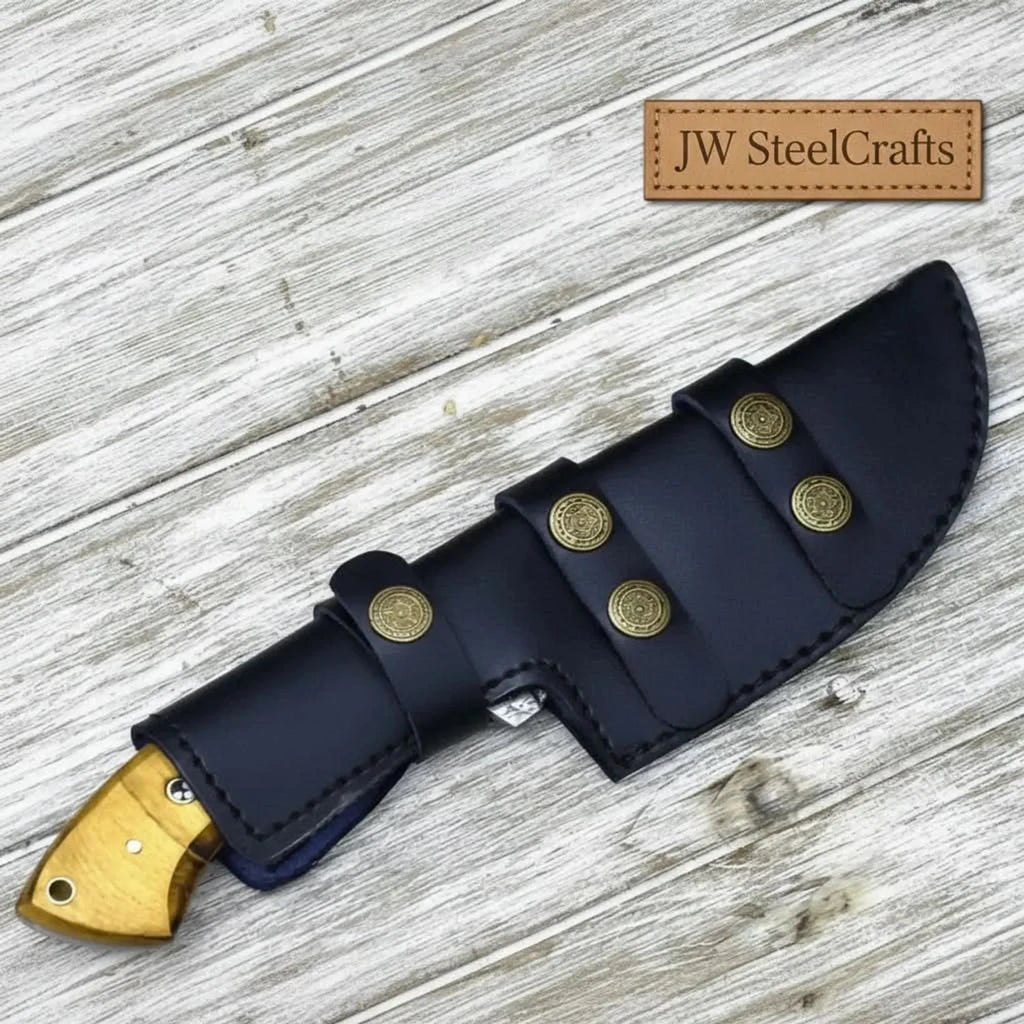tracker knife Custom, 10", DAMASCUS KNIFE, Damascus steel knife, hunting, exotic Yellow Heart & Walnut wood handle, leather sheath