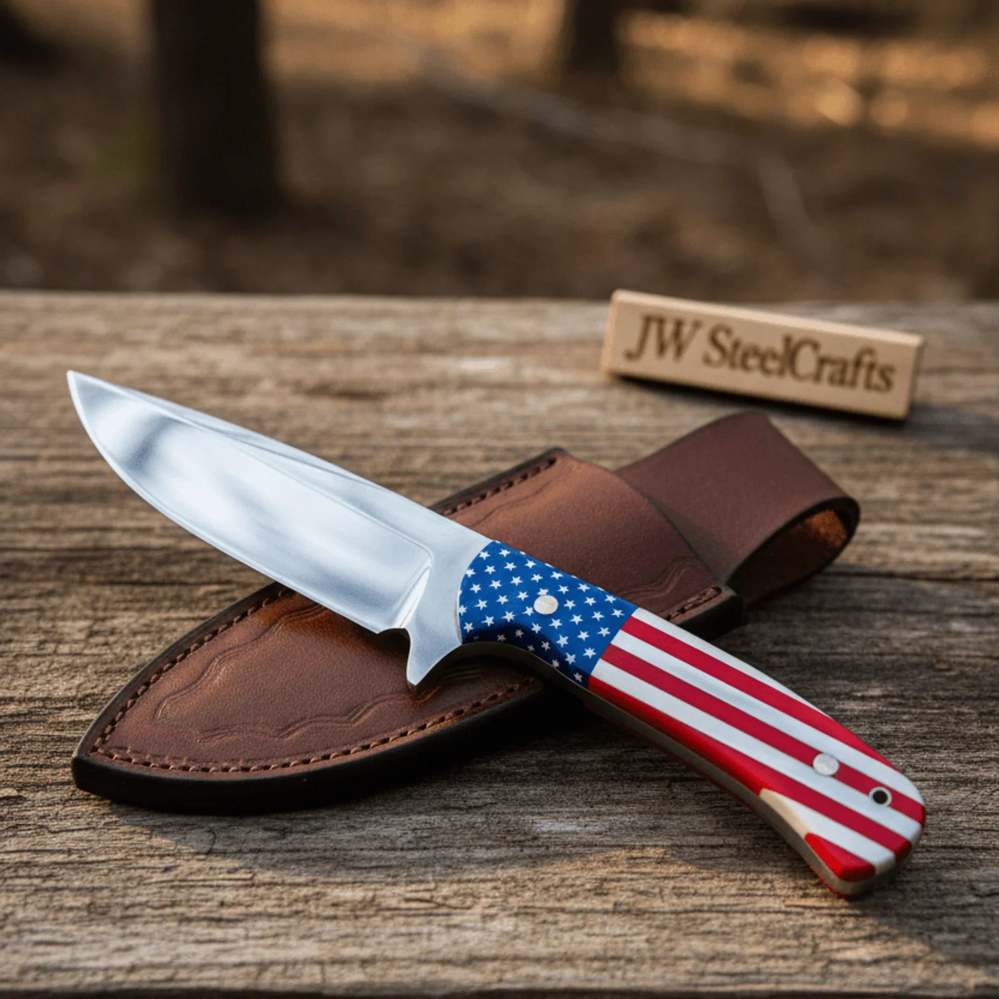 Handmade Drop Point Hunting Knife High Polish Bearing Steel Blade, USA Flag Handle