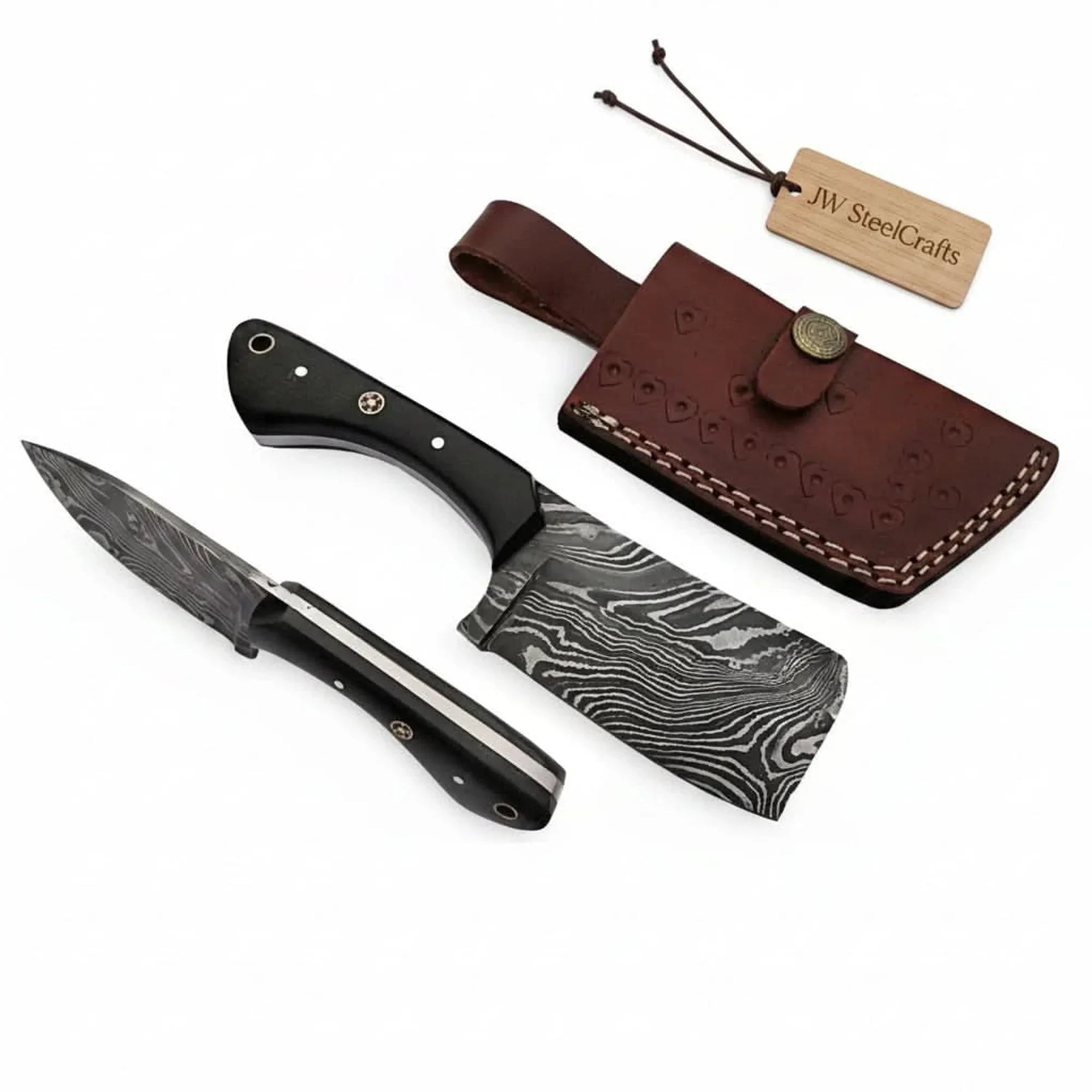 Custom Forged Damascus Mini Butcher Cleaver — Full Tang Black Handle with Leather Sheath