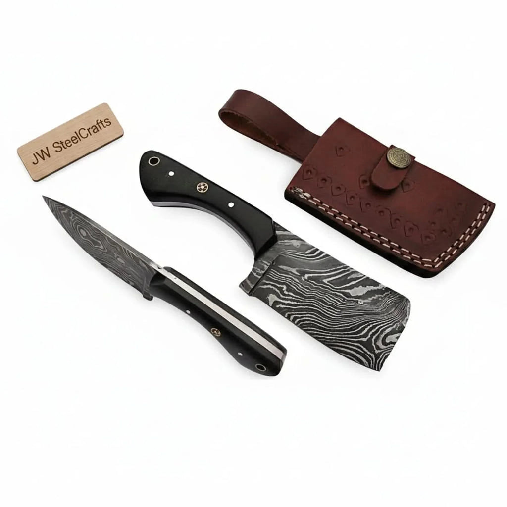 7 Inch EDC Fixed Blade Dagger Knife with Damascus Steel, Black Micarta Handle, Mosaic Pins, Lanyard Hole & Leather Sheath