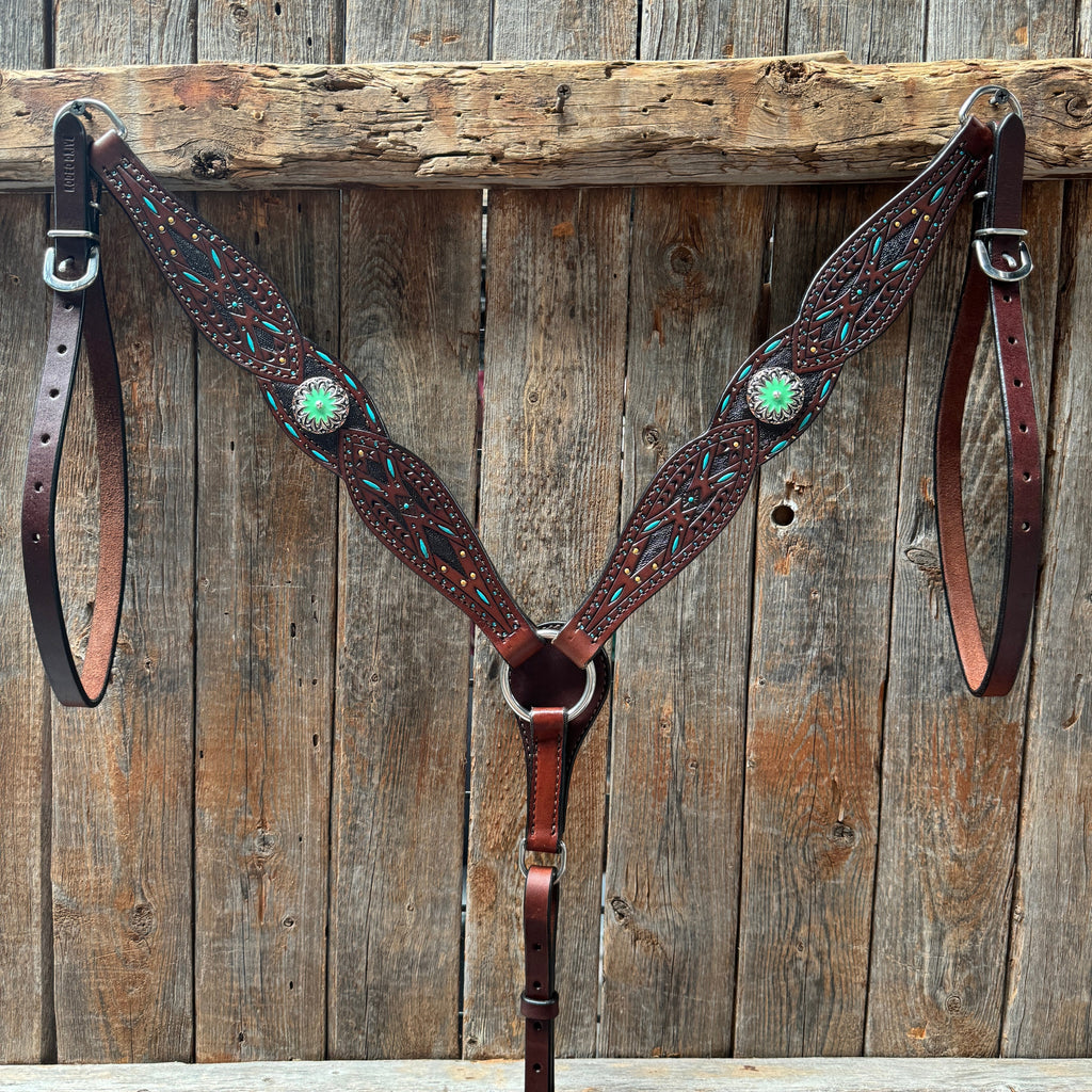 Dark Oil Hand Painted Antique Silver Turquoise Browband/One Ear and Breastcollar Tack Set #BBBC555 — view 8