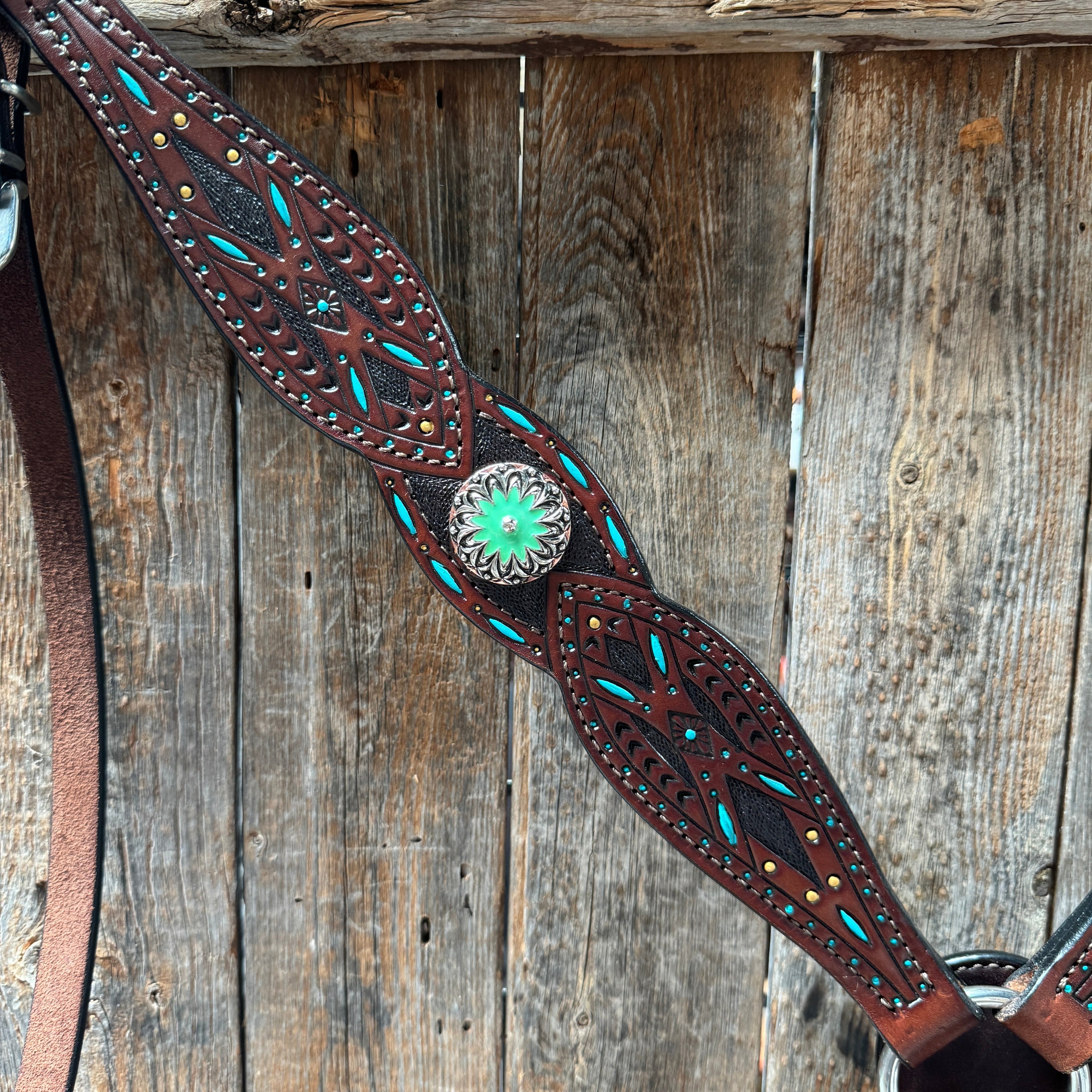 Dark Oil Hand Painted Antique Silver Turquoise Browband/One Ear and Breastcollar Tack Set #BBBC555 — view 9