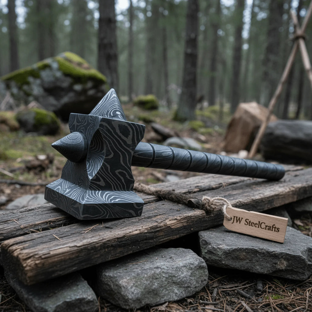Sculpted Damascus Steel War Hammer 12" Handmade Full Damascus Collectible Piece