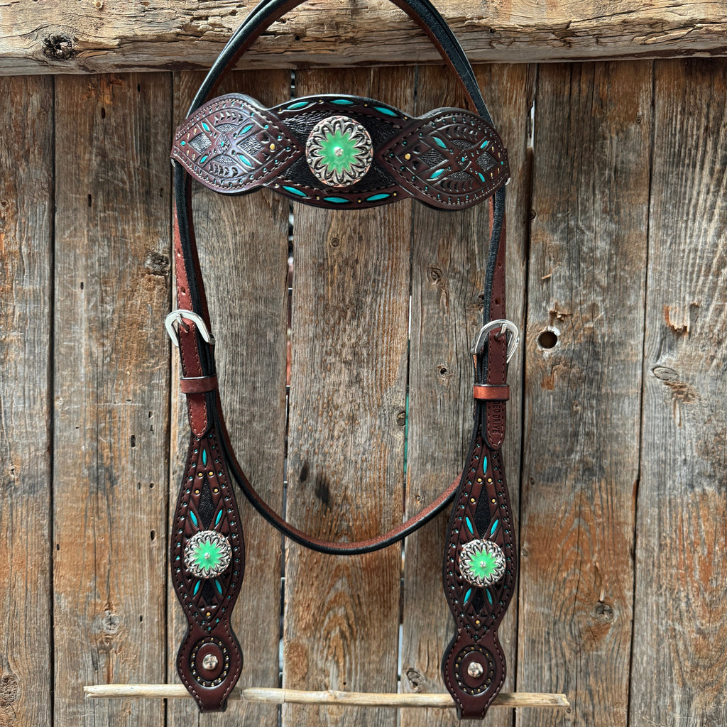 Dark Oil Hand Painted Antique Silver Turquoise Browband/One Ear and Breastcollar Tack Set #BBBC555 — view 3