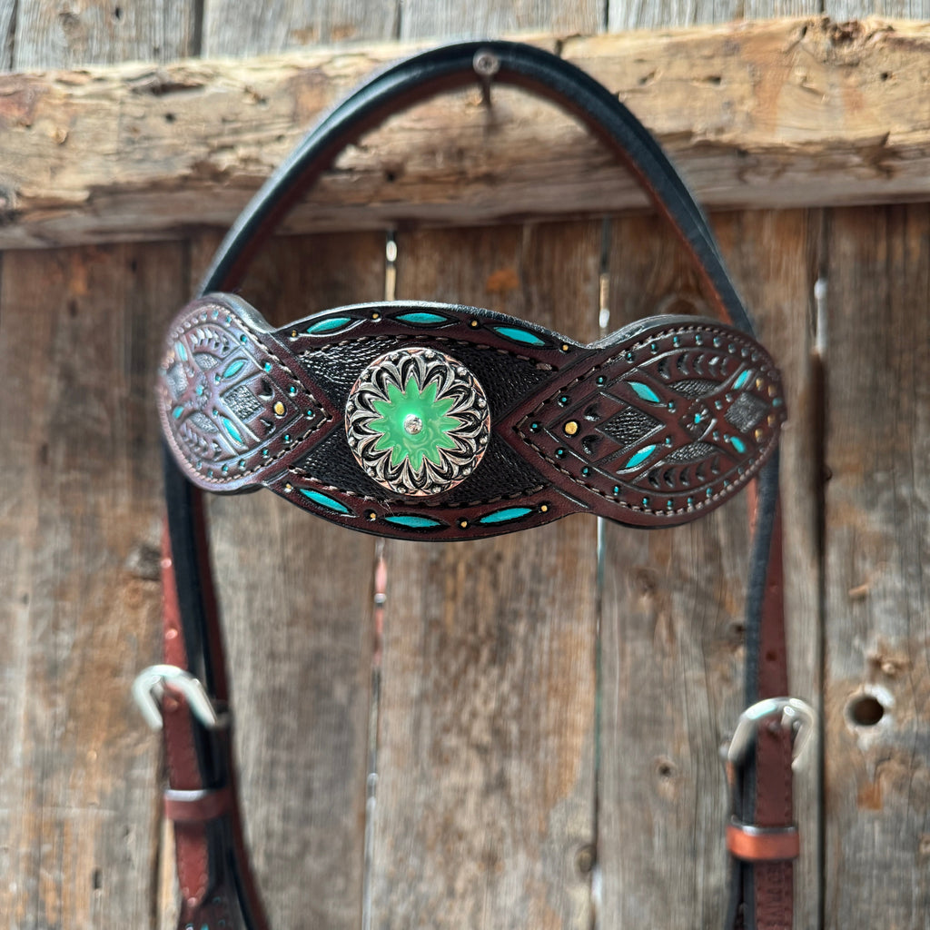 Dark Oil Hand Painted Antique Silver Turquoise Browband/One Ear and Breastcollar Tack Set #BBBC555 — view 4