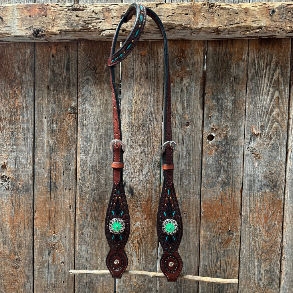 Dark Oil Hand Painted Antique Silver Turquoise Browband/One Ear and Breastcollar Tack Set #BBBC555 — view 6