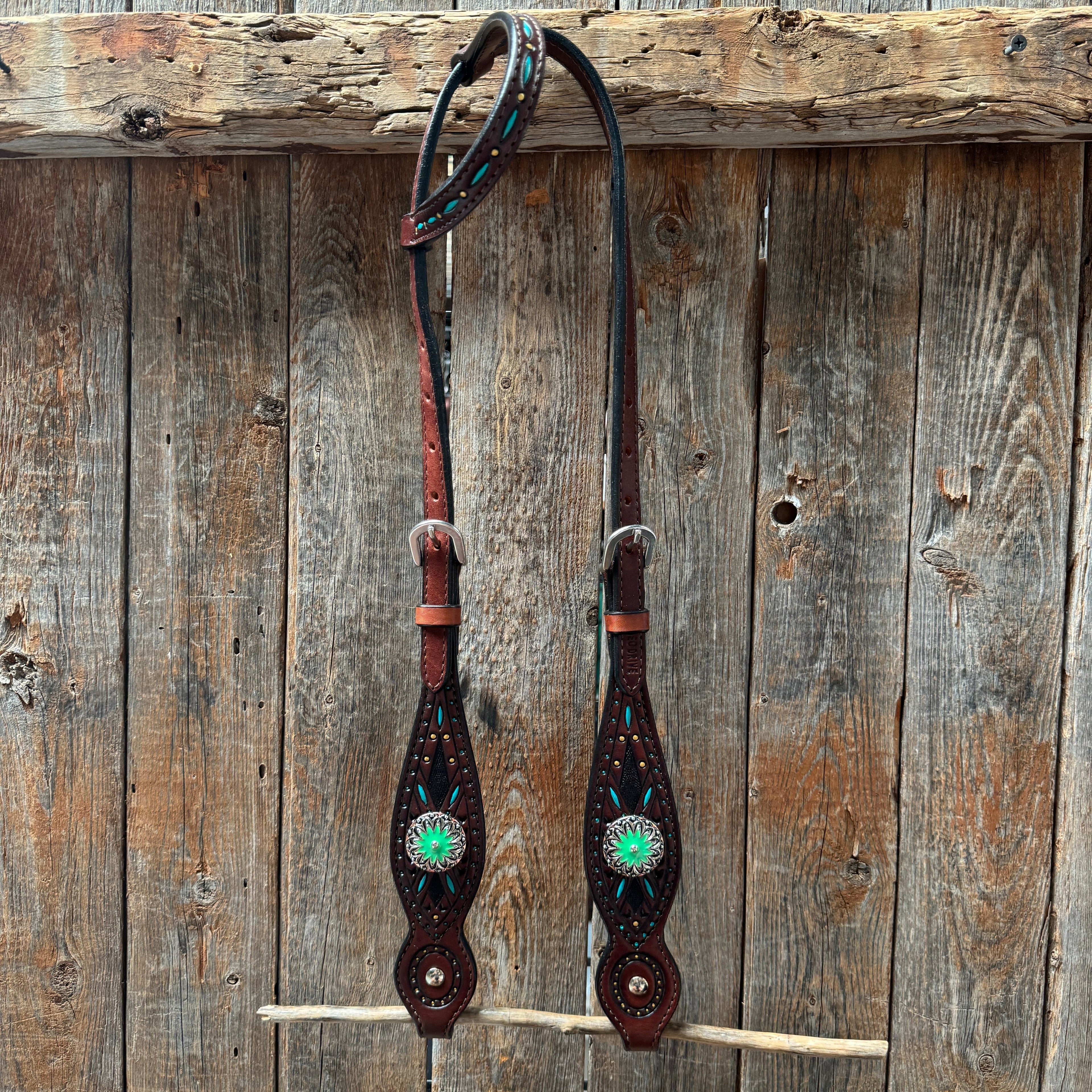 Dark Oil Hand Painted Antique Silver Turquoise Browband/One Ear and Breastcollar Tack Set #BBBC555 — view 6