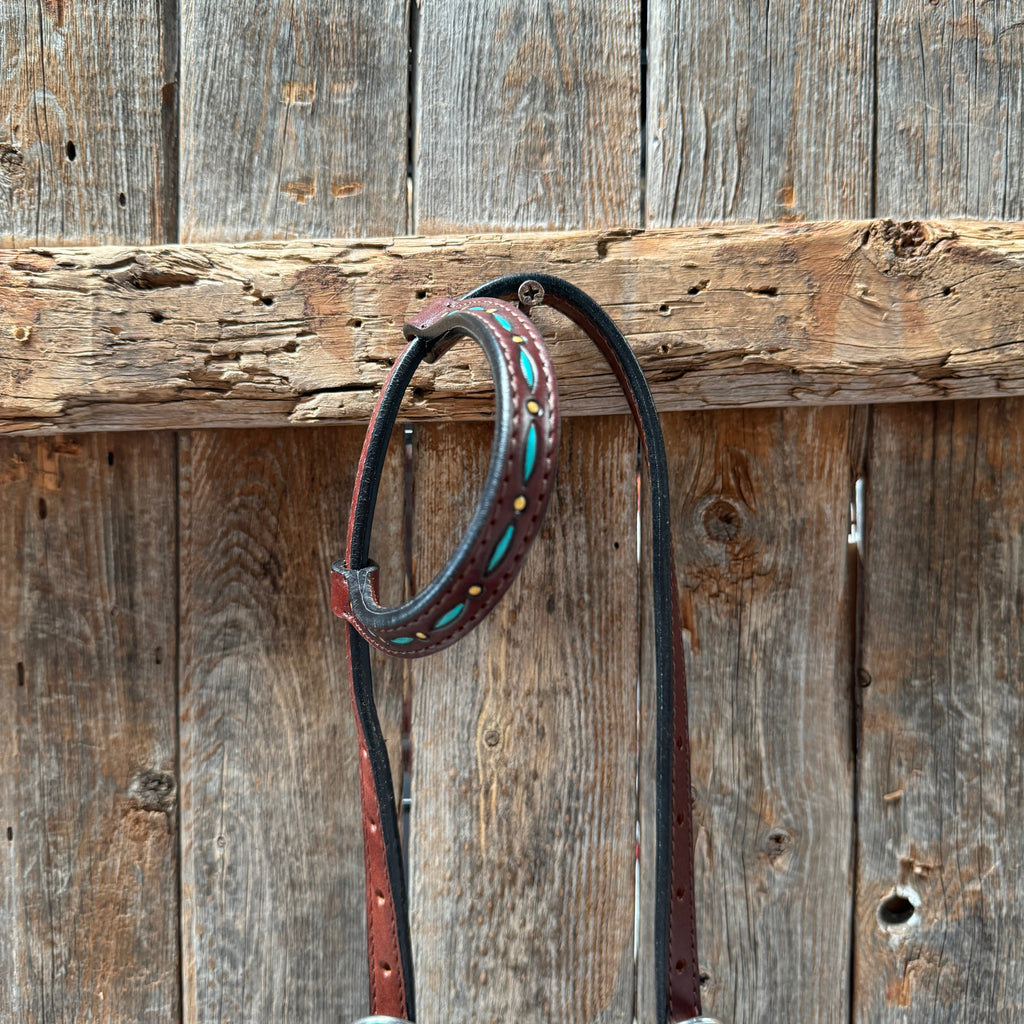 Dark Oil Hand Painted Antique Silver Turquoise Browband/One Ear and Breastcollar Tack Set #BBBC555 — view 7