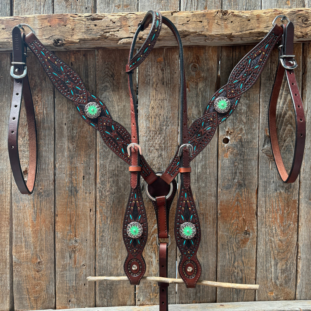 Dark Oil Hand Painted Antique Silver Turquoise Browband/One Ear and Breastcollar Tack Set #BBBC555 — view 2