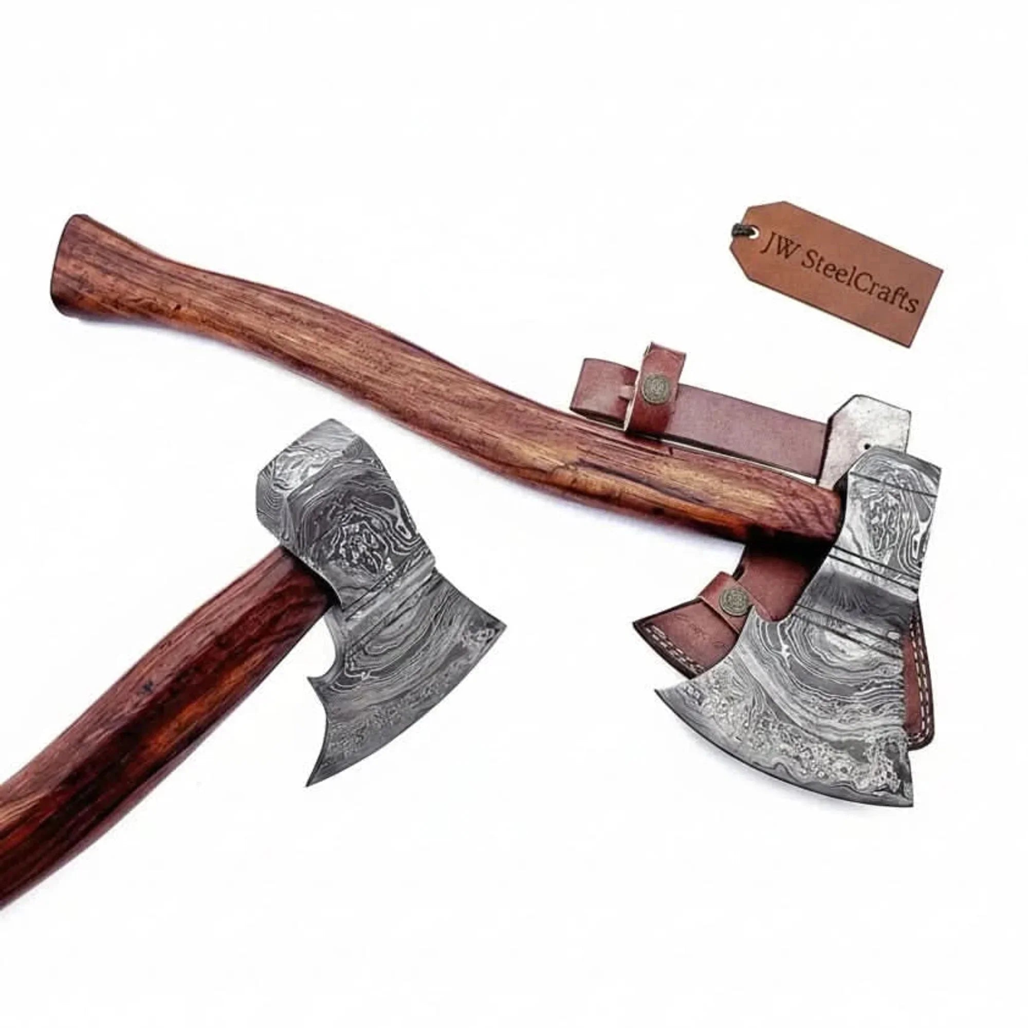 Hand Forged Damascus Viking Bearded Axe, 22 Inch Skeggøx Norse Working Axe with Hardwood Handle and Leather Sheath | JW SteelCrafts