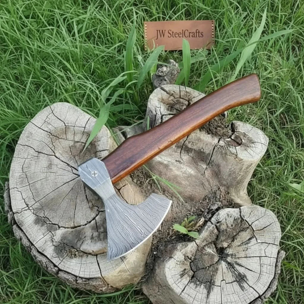 Damascus Wood Grain Hatchet with Bold Linear Forged Head
