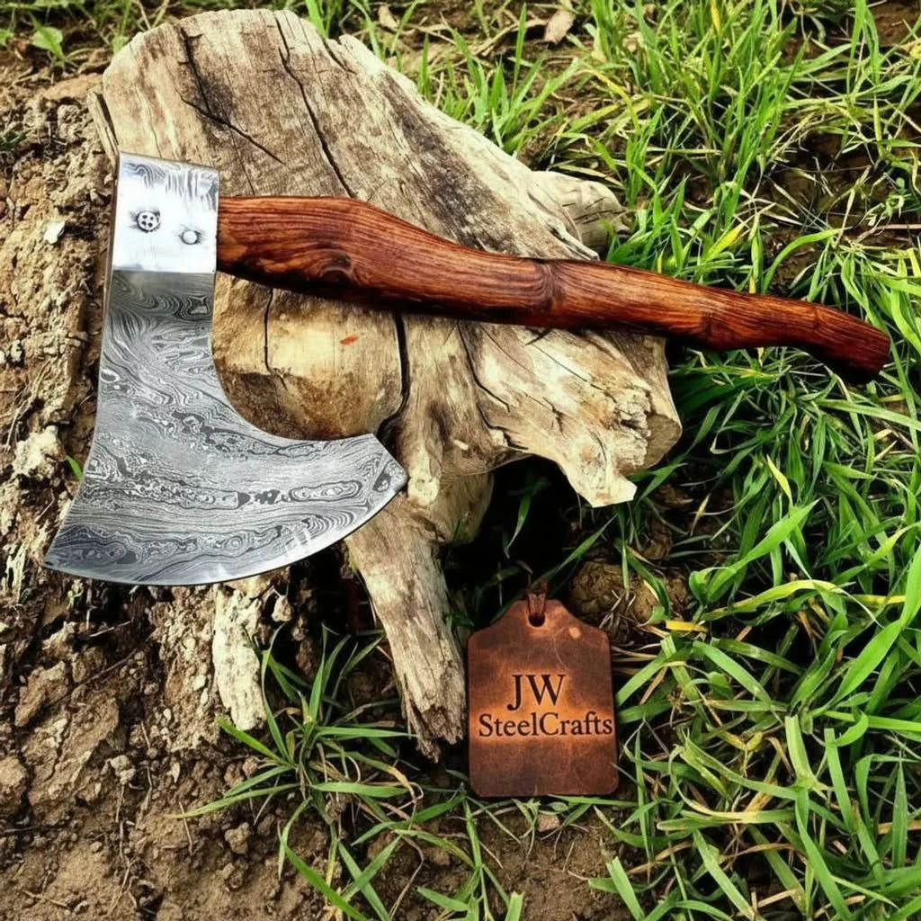 Matching Pair of Hand-Forged Damascus Bearded Axes with Curved Rosewood Handles