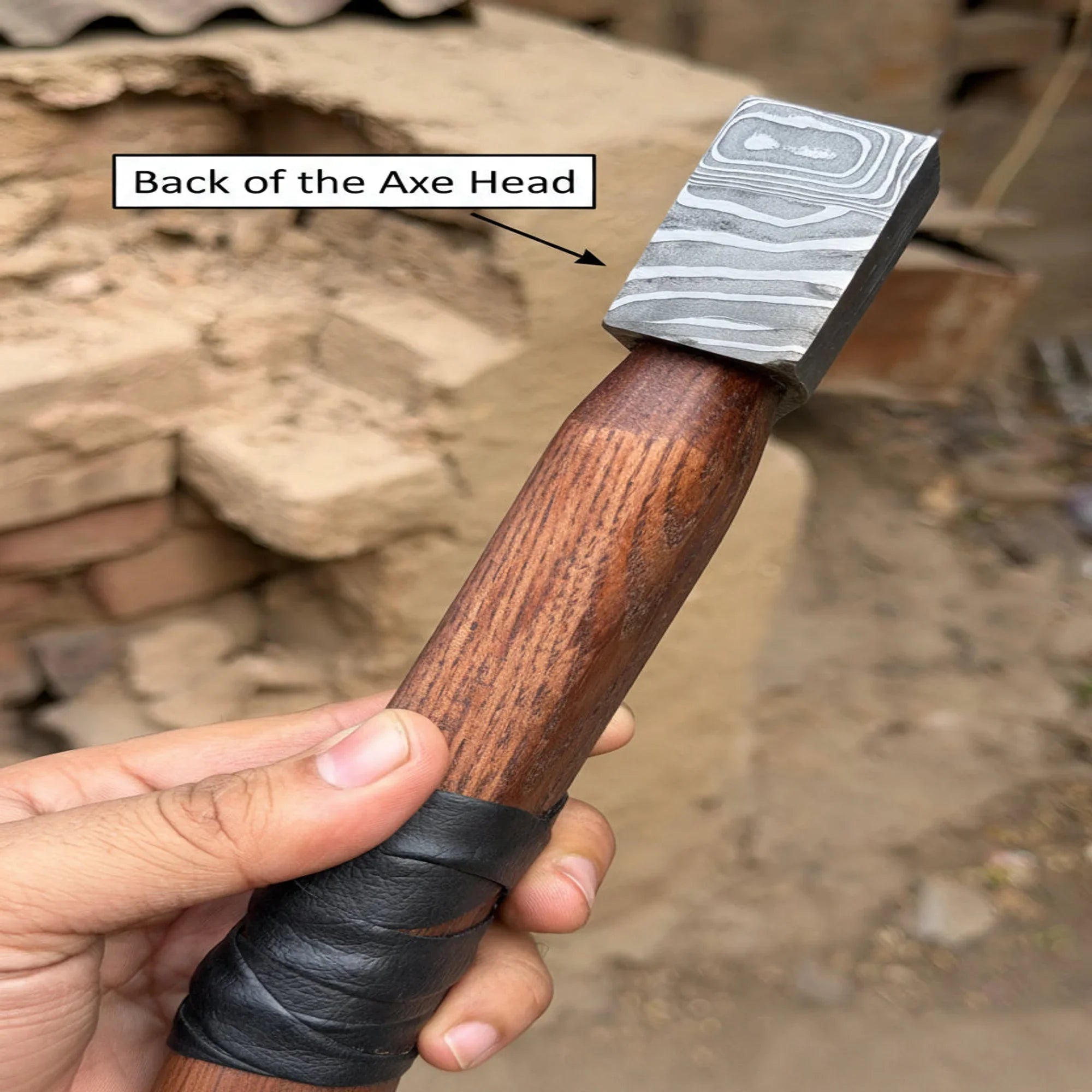Heavy-Duty Damascus Camp Axe with Leather Wrap Handle