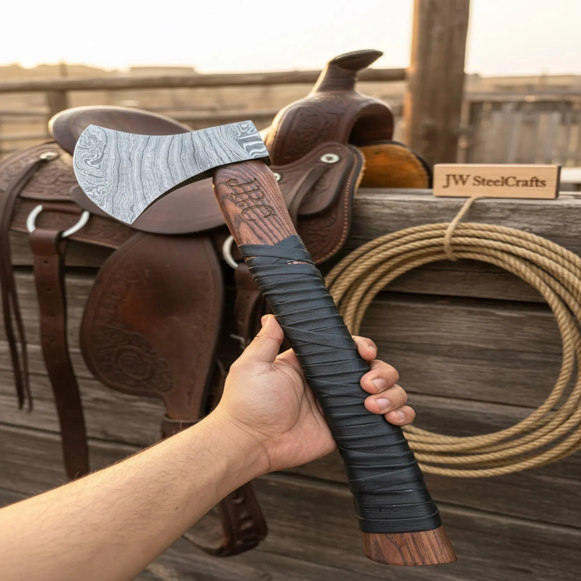 Heavy-Duty Damascus Camp Axe with Leather Wrap Handle