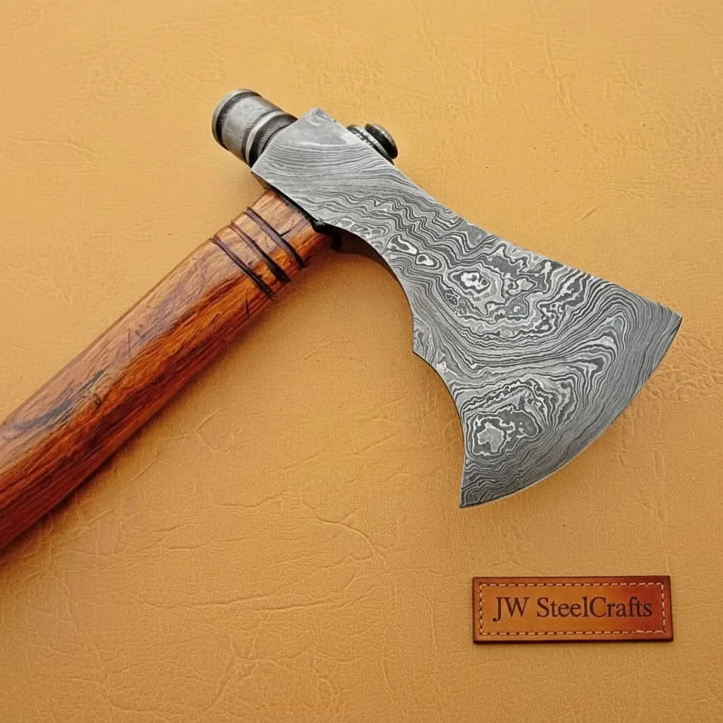 Damascus Smoking Axe with Leather Sheath and Ringed Rosewood Handle