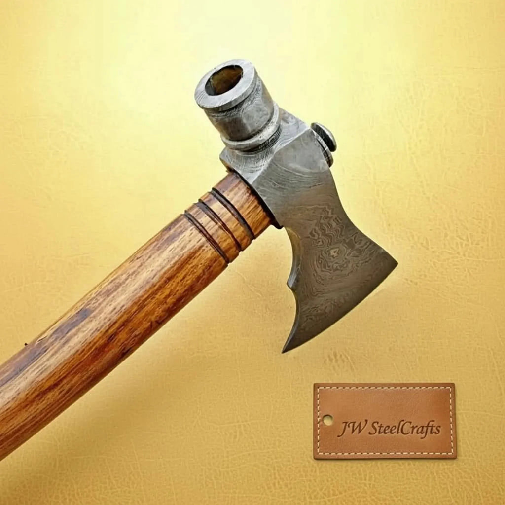 Damascus Smoking Axe with Leather Sheath and Ringed Rosewood Handle