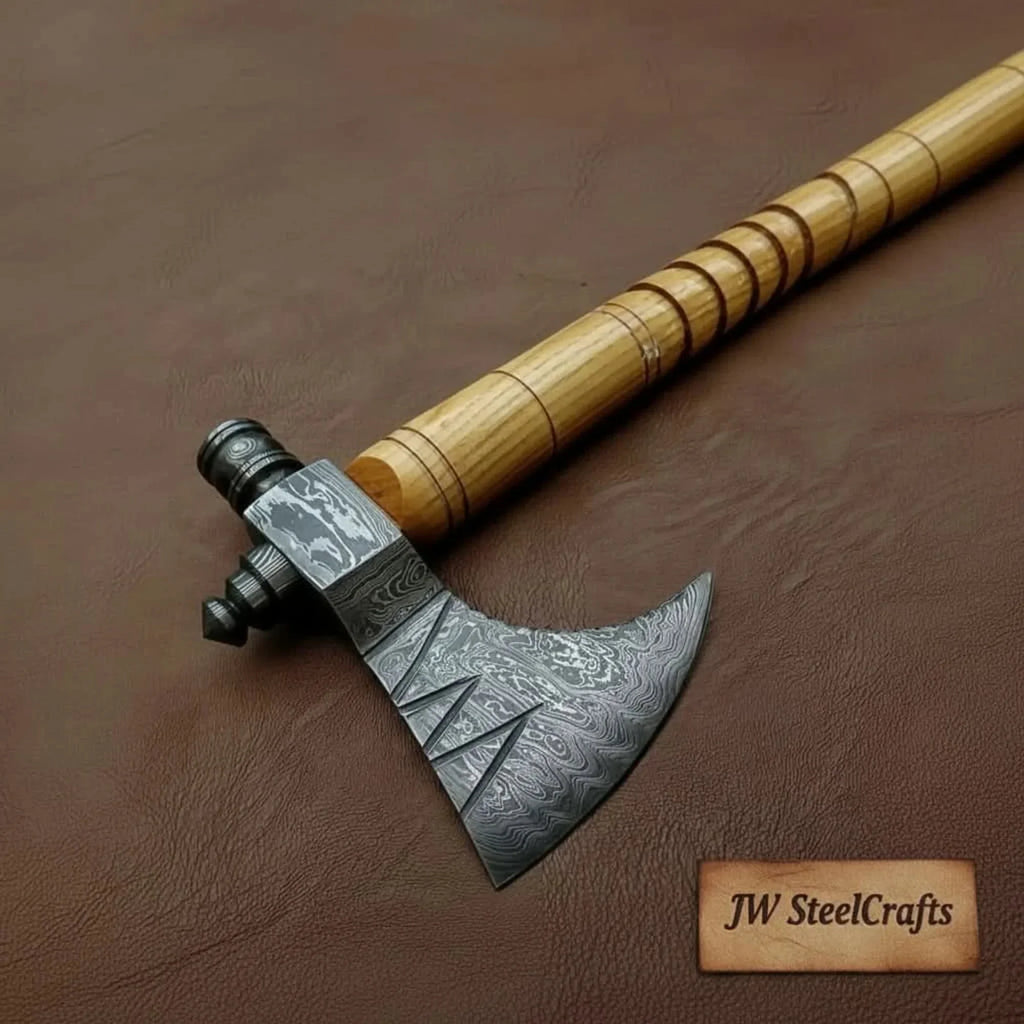 Damascus Pipe Axe 19 Inch Ash Wood Handle | Hand Forged Tomahawk Smoking Axe | JW SteelCrafts