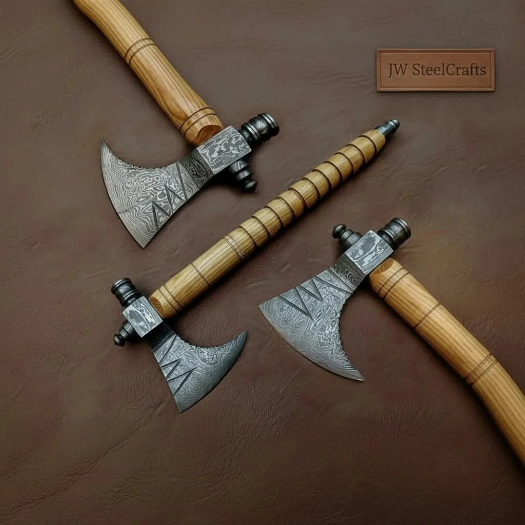 Damascus Pipe Axe 19 Inch Ash Wood Handle | Hand Forged Tomahawk Smoking Axe | JW SteelCrafts