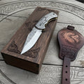 Hand Engraved Neck Folding Knife with Eagle Motif Stainless Steel Scales