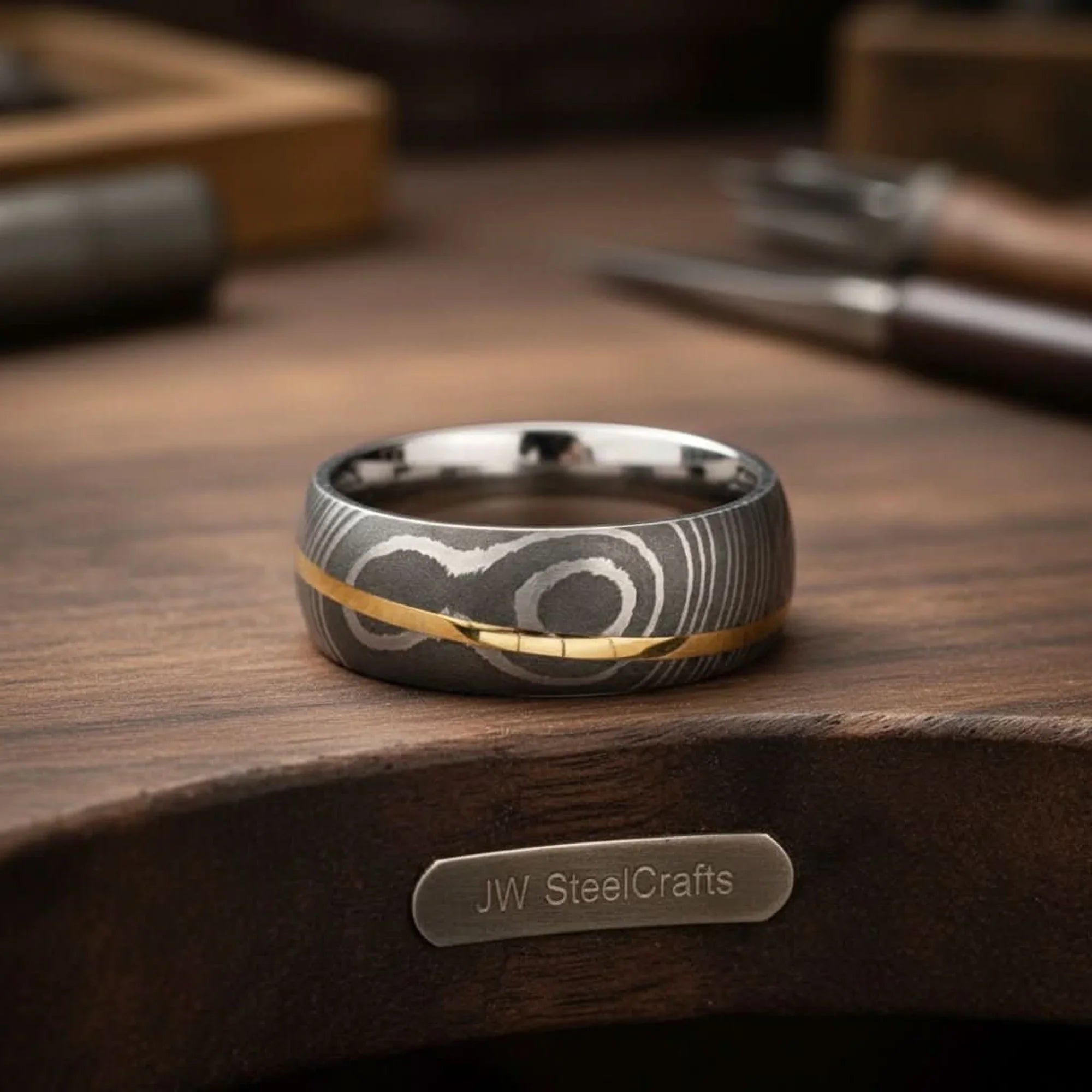 Raindrop Damascus Ring with Gold Inlay and Polished Silver Interior