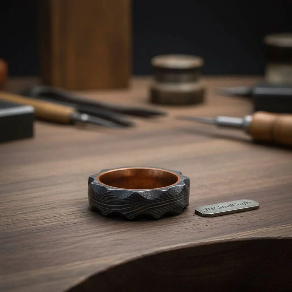 Copper Sleeve Damascus Ring with Carved Faceted Exterior