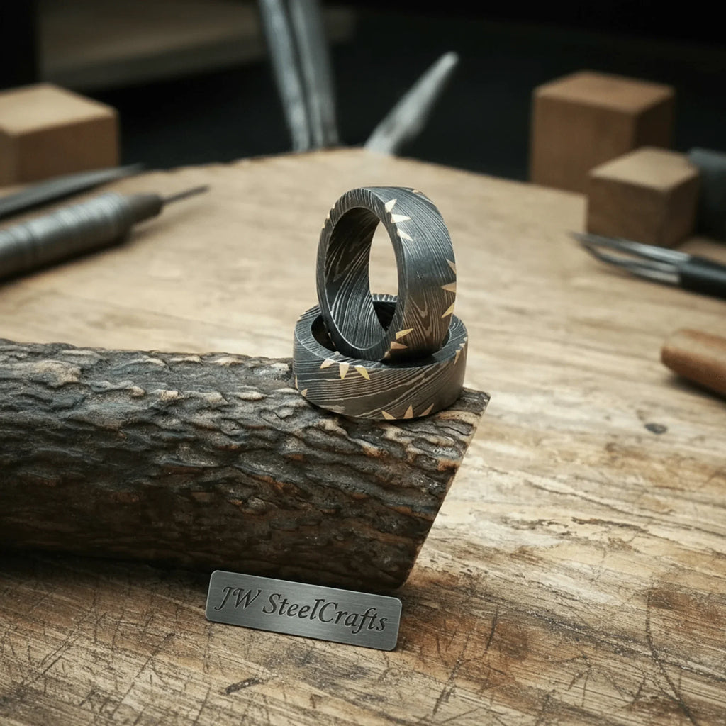 Damascus Gold Fan Edge Rings pair with Sunburst Inlay