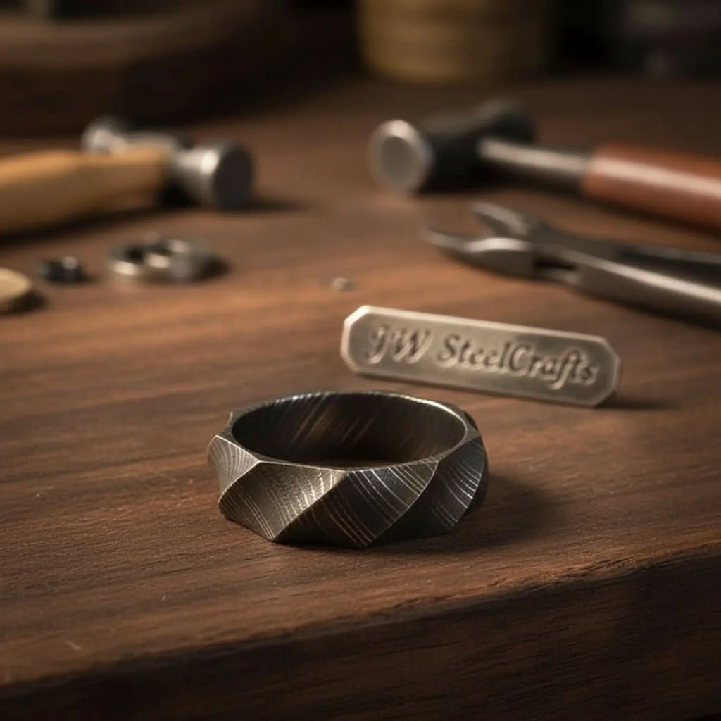 Mens Damascus Steel Faceted Wedding Band Handmade Geometric Ring