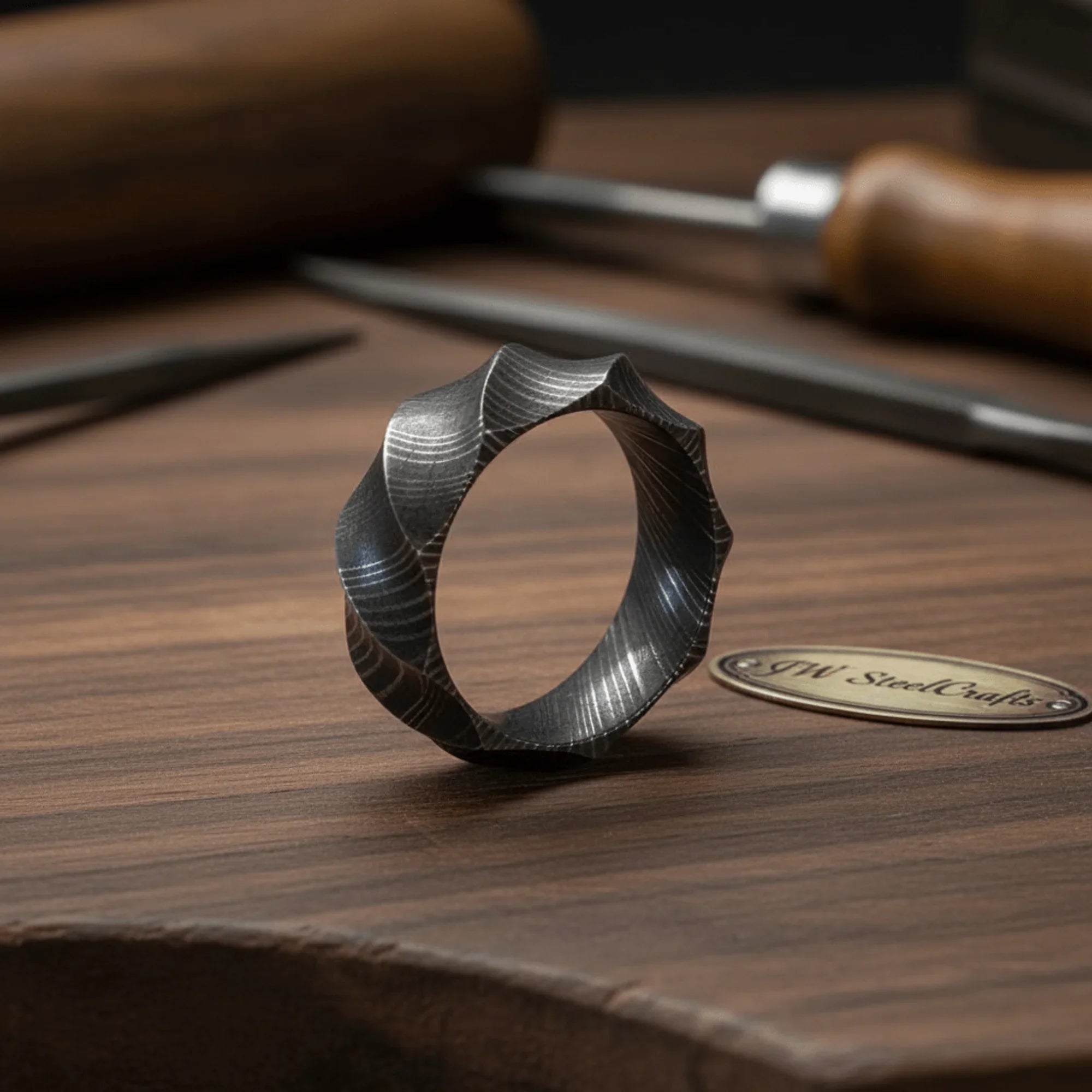 Mens Damascus Steel Faceted Wedding Band Handmade Geometric Ring