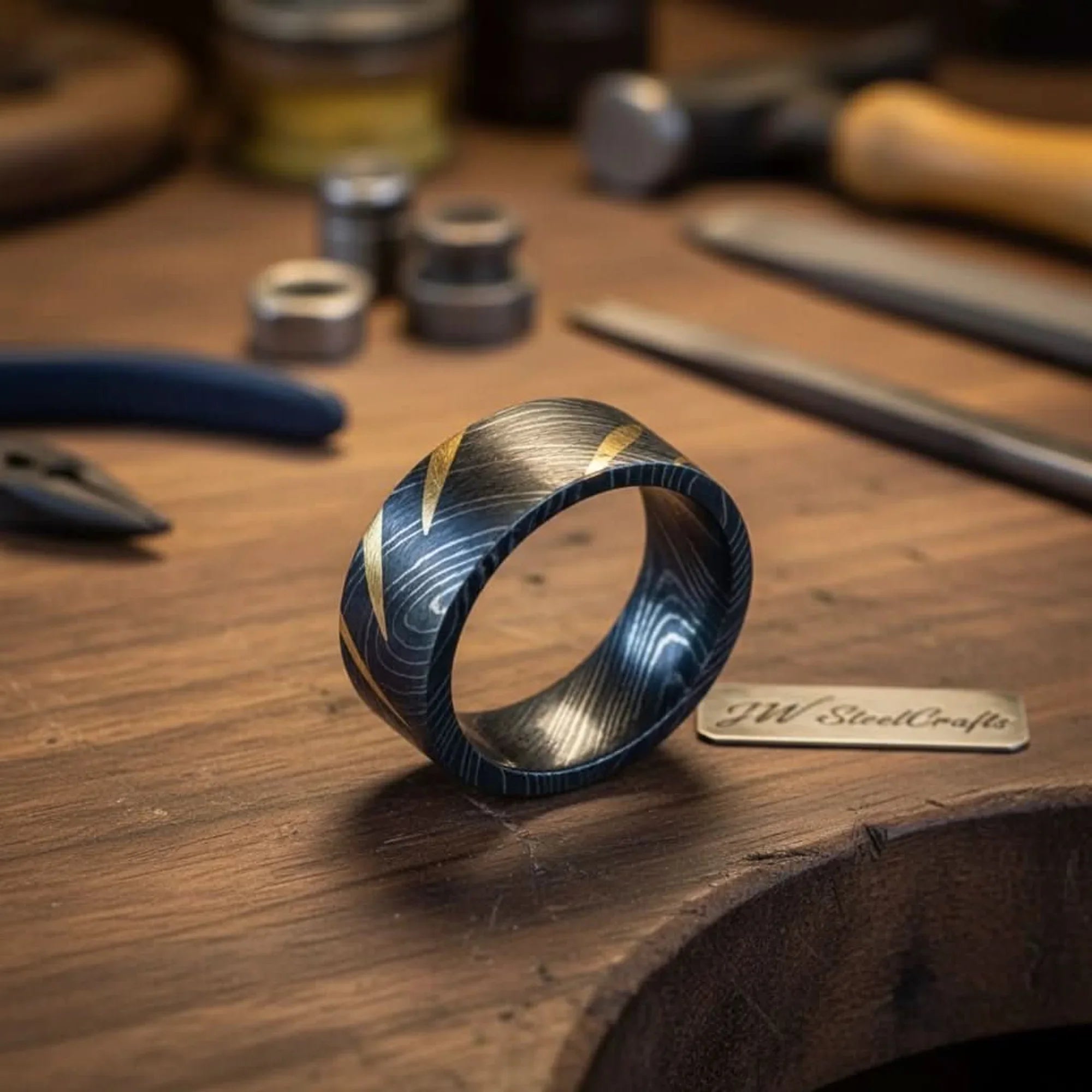 Black Damascus Gold Streak Ring with Scattered Gold Marks