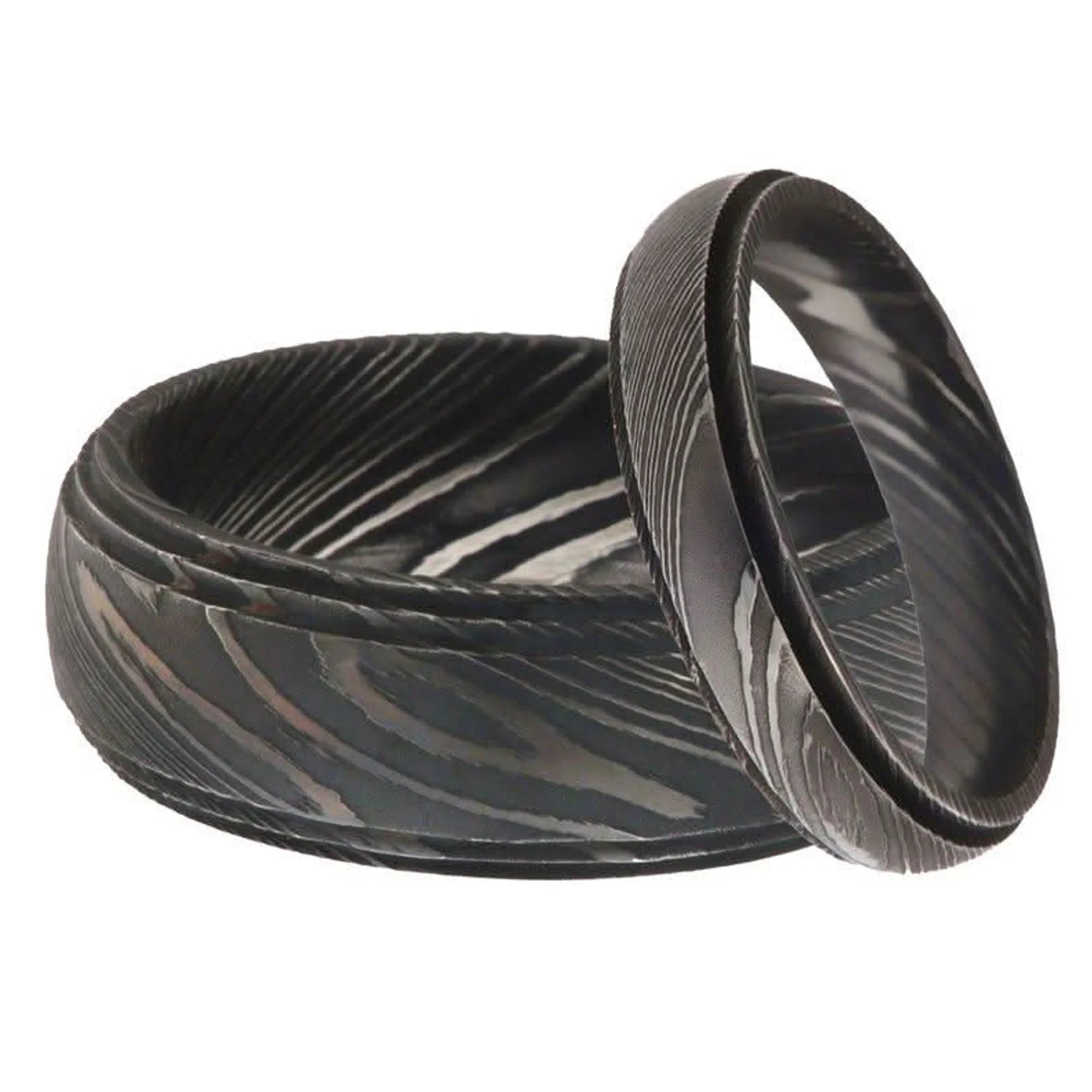 Damascus Steel Wedding Band Set with Wide and Slim Black Rings