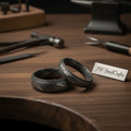 Damascus Steel Wedding Band Set with Wide and Slim Black Rings
