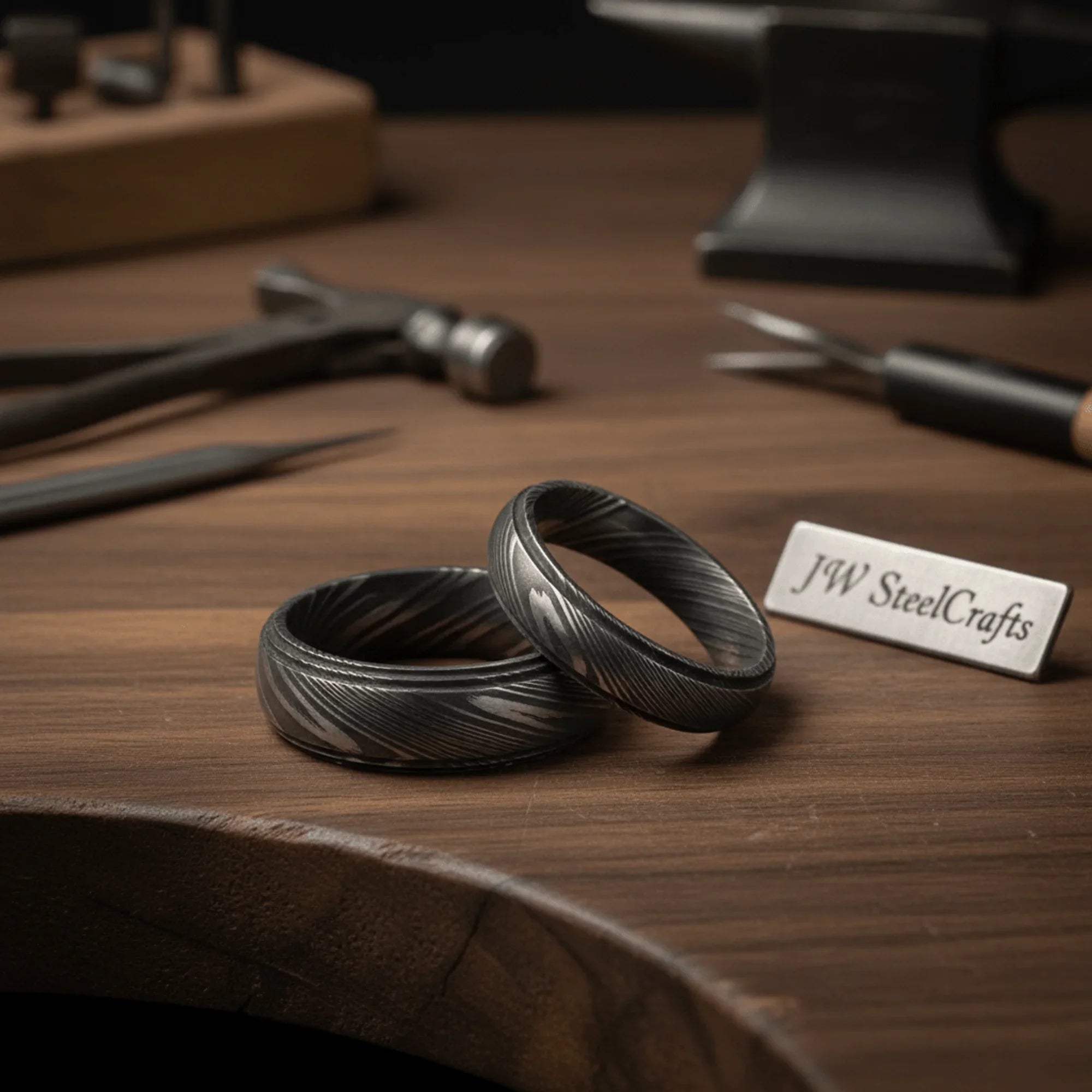 Damascus Steel Wedding Band Set with Wide and Slim Black Rings
