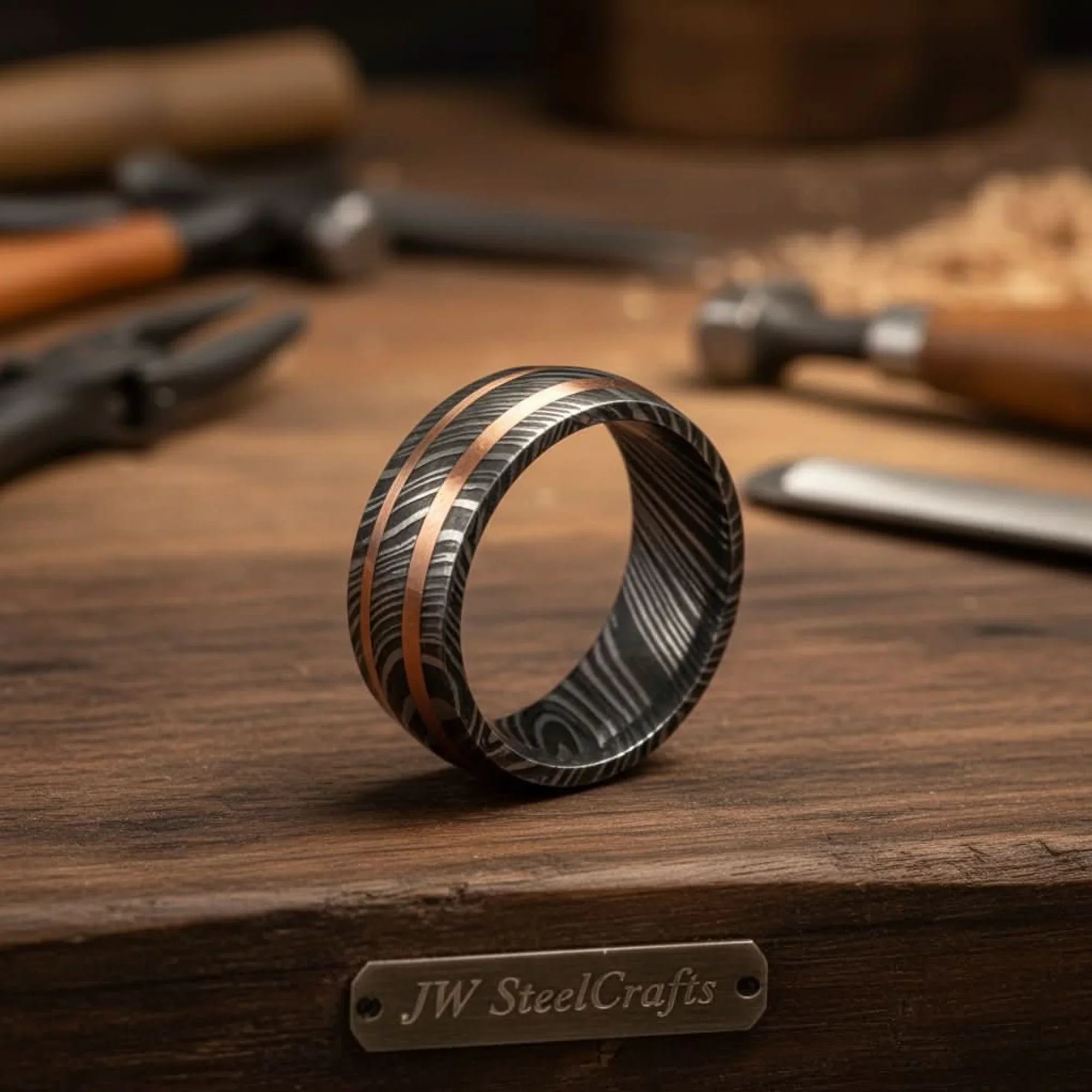 Damascus Double Copper Inlay Ring with Two Parallel Lines