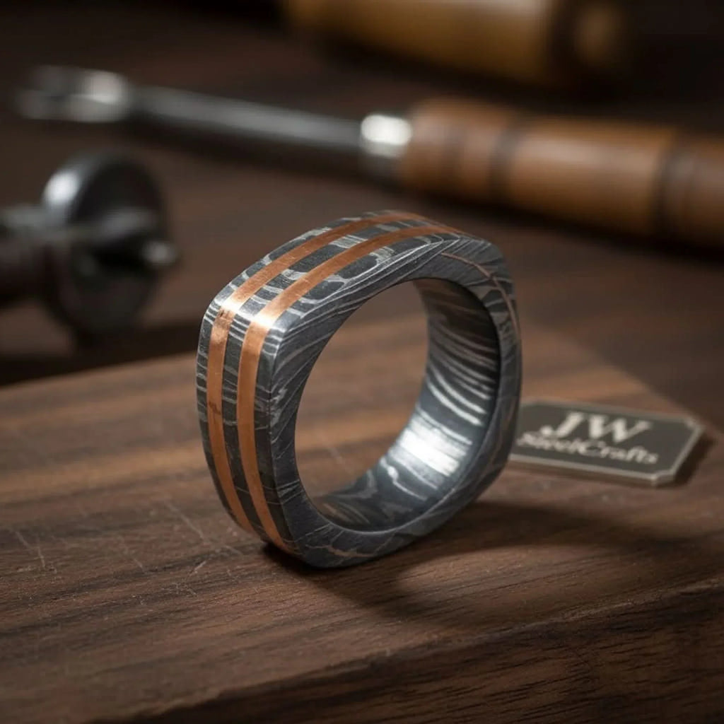 Square Damascus Copper Inlay Ring with Double Copper Lines
